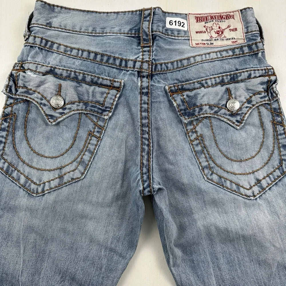 True Religion Slim Fit Jeans Men 29x34 Blue Distressed Flap Pockets Light Wash